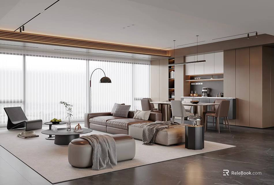 Modern Open Living Dining Room With Grey Sofa Floor to Ceiling Windows And Wooden Elements 3d model 