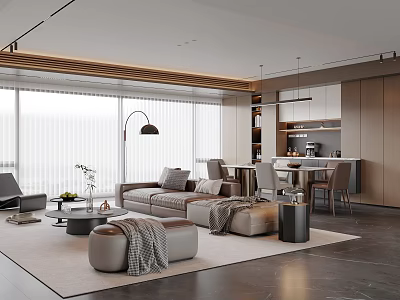 Modern Open Living Dining Room With Grey Sofa Floor to Ceiling Windows And Wooden Elements 3d model
