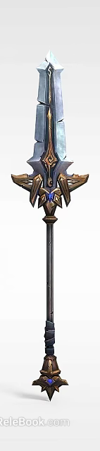 Tech Exhibition Hall Display Of Intricate Metallic Sword With Blue Gemstones And Ornate Design 3d model 