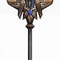 Tech Exhibition Hall Display Of Intricate Metallic Sword With Blue Gemstones And Ornate Design