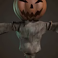 Spooky Halloween Pumpkin Head Scarecrow With Tattered Clothes On Wooden Pole
