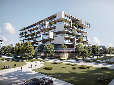 Modern High Rise Apartment Complex With Green Spaces Trees And Pedestrian Areas 3d model
