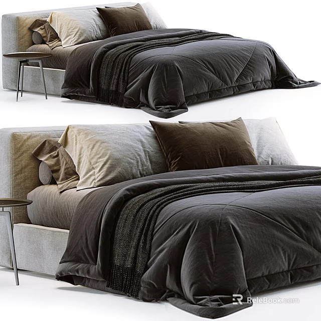 Modern Double Bed Interior With Dark Gray Bedding Brown Pillows Beige Blanket And Bedside Table 3d model 