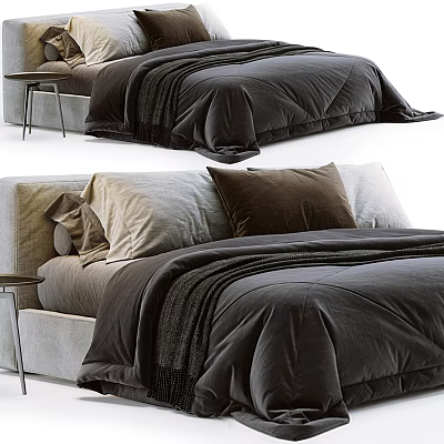 Modern Double Bed Interior With Dark Gray Bedding Brown Pillows Beige Blanket And Bedside Table 3d model