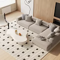 Gray Sofa Coffee Table Set Featuring Throw Pillows White Table Fruits Drinks on Checkered Rug 3d model