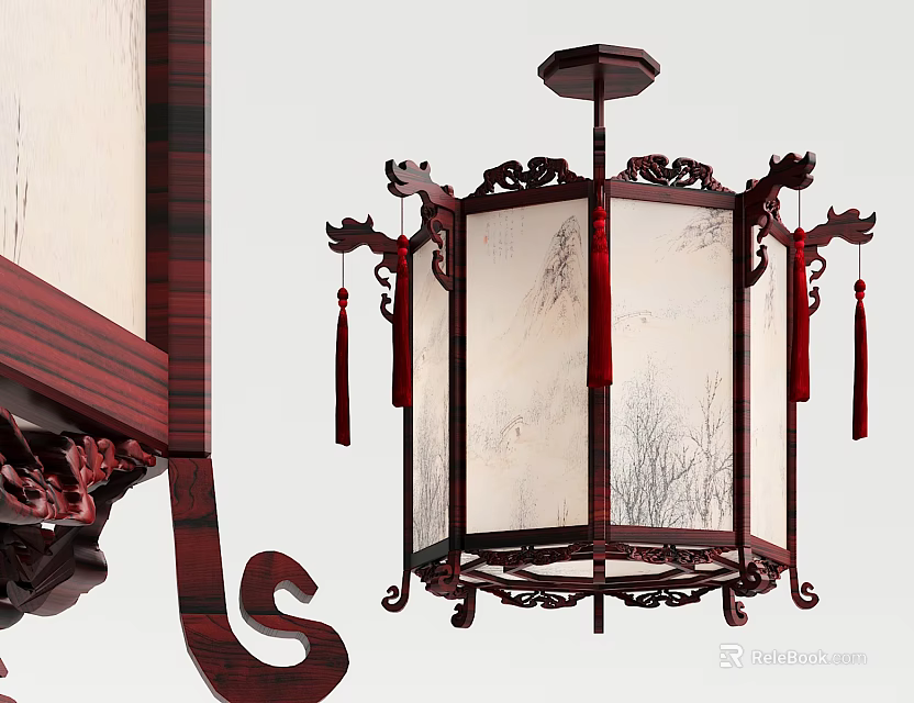 Traditional Chinese Wooden Chandelier With Landscape Painting Shade And Red Tassel Decorations 3d model 