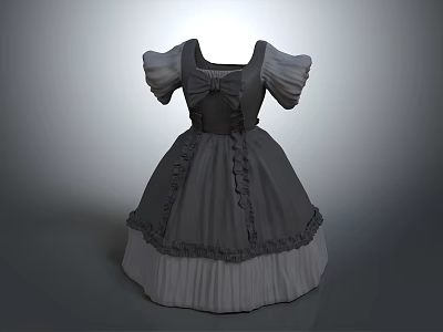 Gray Vintage Dress With Bow Detail Puffed Sleeves And Ruffled Hem 3d model