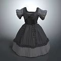 Gray Vintage Dress With Bow Detail Puffed Sleeves And Ruffled Hem