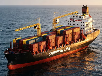 Large Shipping Line Container Ship With Containers And Cranes On Ocean 3d model