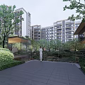 Serene Courtyard Garden With Lush Trees Water Feature And Modern Seating Area