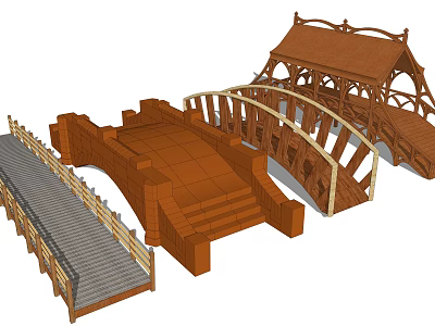 Various Wooden Garden Bridges With Railing Staircase And Roofed Designs 3d model