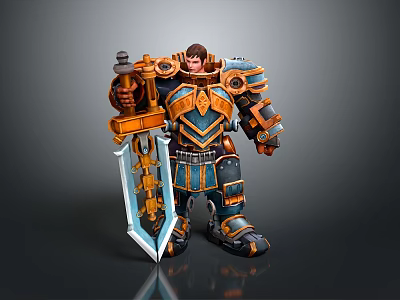 3D Fantasy Warrior Character with Blue Gold Armor Wielding Large Sword 3d model