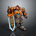 3D Fantasy Warrior Character with Blue Gold Armor Wielding Large Sword