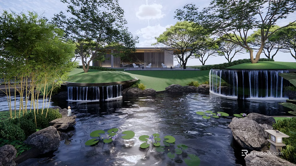Serene Garden Landscape With Pond Lily Pads Waterfalls Trees And Modern Building 3d model 