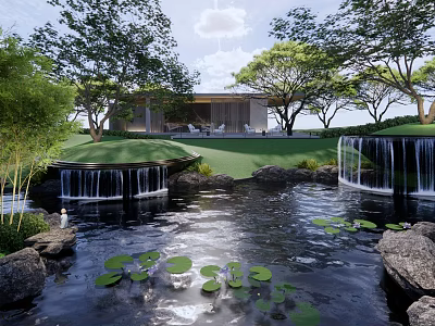 Serene Garden Landscape With Pond Lily Pads Waterfalls Trees And Modern Building 3d model
