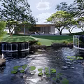 Serene Garden Landscape With Pond Lily Pads Waterfalls Trees And Modern Building