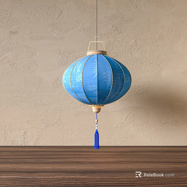 Hanging Traditional Blue Lantern With Decorative Patterns And Tassel Against Beige Wall 3d model 