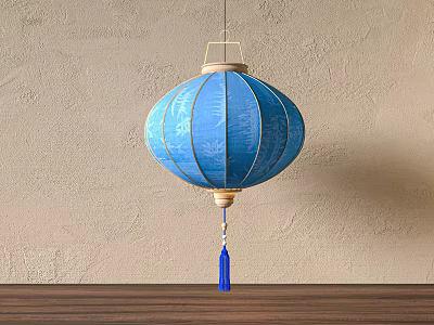 Hanging Traditional Blue Lantern With Decorative Patterns And Tassel Against Beige Wall 3d model