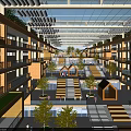 Modern School Building With Multi Story Structure Glass Roof Open Courtyard Trees And Small Pavilions