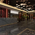 Elegant Modern Shop Front Desk With Marble Countertop Chandelier Green Plants And Sofa Seating