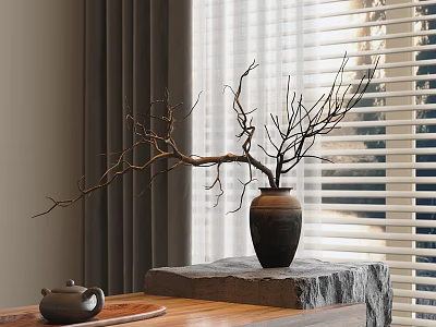 Ornamental Vase With Branches On Stone Base Wooden Table By Window With Curtains And Blinds 3d model