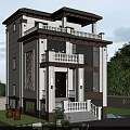 Two Story Detached Villa Exterior Design With Beige Brown Facade Balcony And Green Plants