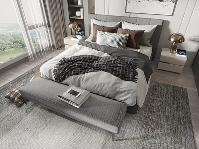 Modern Double Bed with Bedding Nightstands Brass Lamps Scenic View Rug and Foot Bench 3d model