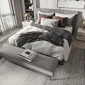 Modern Double Bed with Bedding Nightstands Brass Lamps Scenic View Rug and Foot Bench