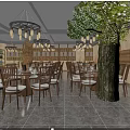 Warm Rustic Restaurant Interior With Wooden Tables Chairs Chandeliers And Indoor Tree