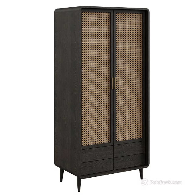 Dark Wood Wardrobe With Double Rattan Panel Doors And Bottom Drawers 3d model 