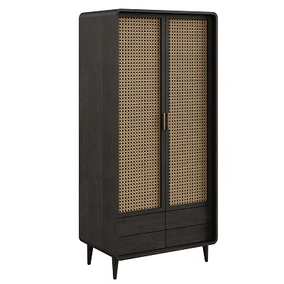 Dark Wood Wardrobe With Double Rattan Panel Doors And Bottom Drawers 3d model
