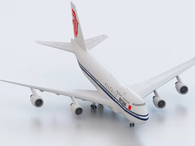 Air China Passenger Airplane With White Body Blue Stripes Red Tail Logo And Four Engines 3d model