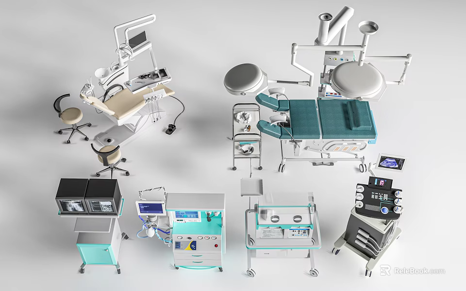 Essential Medical Equipment Including Surgical Tables Dental Chairs Monitors And Trolleys 3d model 