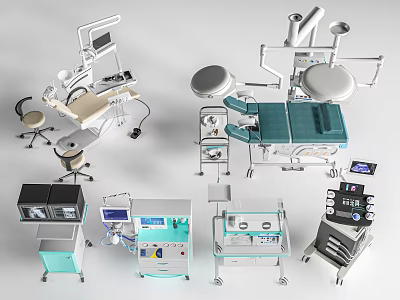Essential Medical Equipment Including Surgical Tables Dental Chairs Monitors And Trolleys 3d model