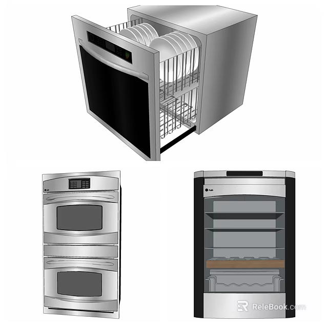 Modern Stainless Steel Kitchen Appliances Including Double Oven Wine Cooler And Dishwasher 3d model 