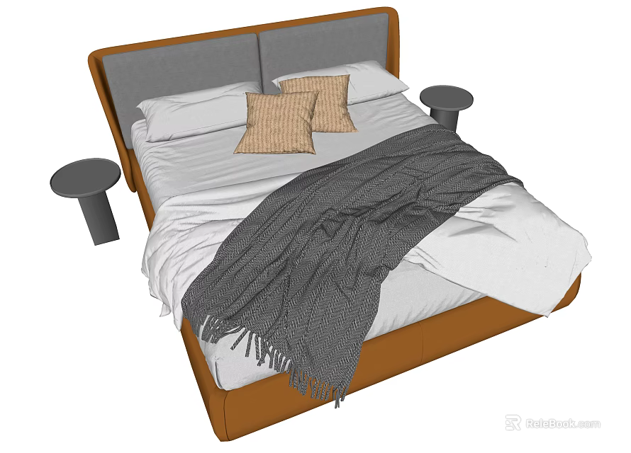 Double Bed Featuring Brown Frame Gray Headboard White Sheets Beige Pillows And Round Nightstands 3d model