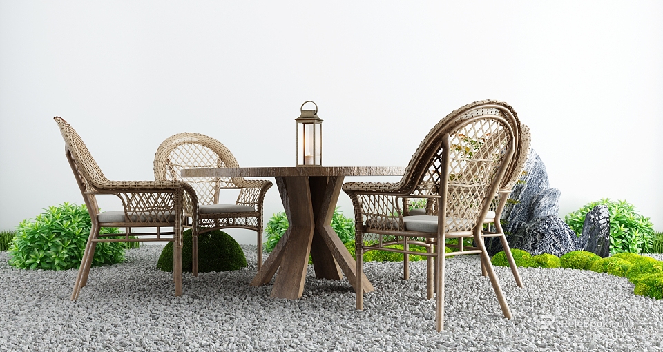 Wooden Outdoor Table with Lantern and Rattan Cushioned Chairs in Garden Setting 3d model 