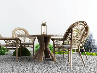 Wooden Outdoor Table with Lantern and Rattan Cushioned Chairs in Garden Setting 3d model