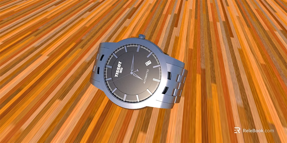 TISSOT Silver Watch With Black Dial Silver Strap On Wooden Floor Featuring Orange Brown Stripes 3d model 
