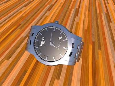 TISSOT Silver Watch With Black Dial Silver Strap On Wooden Floor Featuring Orange Brown Stripes 3d model