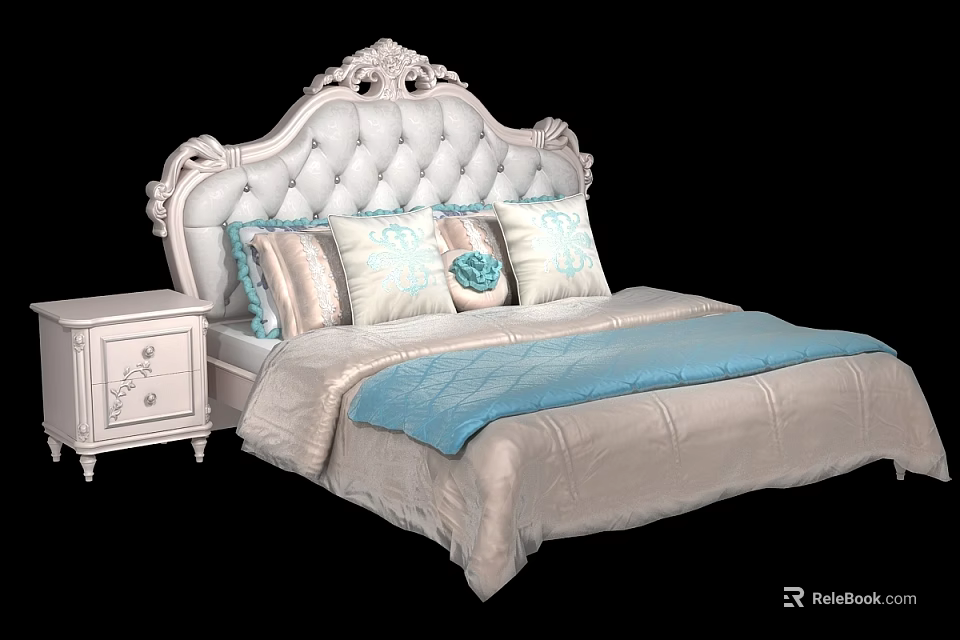 Elegant White Double Bed with Tufted Carved Headboard Decorative Pillows and Nightstand 3d model 