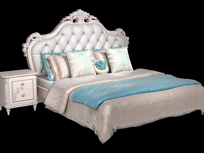 Elegant White Double Bed with Tufted Carved Headboard Decorative Pillows and Nightstand 3d model