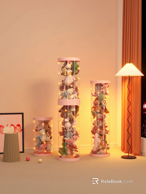 Decorative Ornament Set Transparent Cylindrical Pink with Plush Toys and String Lights for Room Decor 3d model 