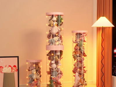 Decorative Ornament Set Transparent Cylindrical Pink with Plush Toys and String Lights for Room Decor 3d model