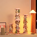 Decorative Ornament Set Transparent Cylindrical Pink with Plush Toys and String Lights for Room Decor