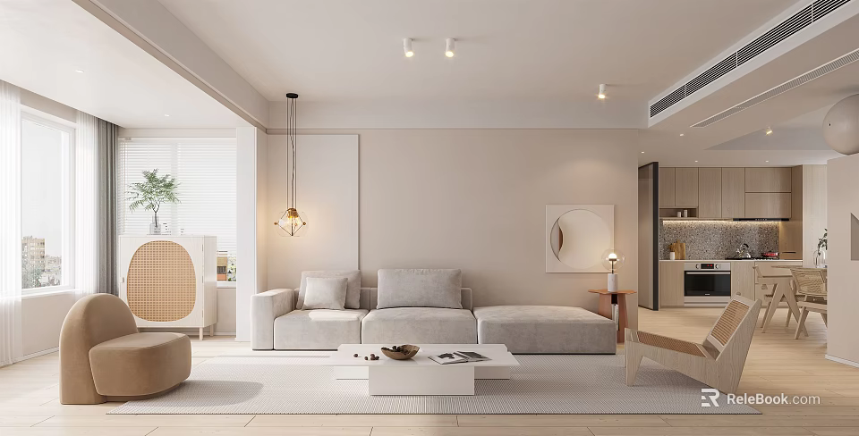 Modern Living And Dining Room Interior With Light Colored Sofa Coffee Table And Round Mirror 3d model