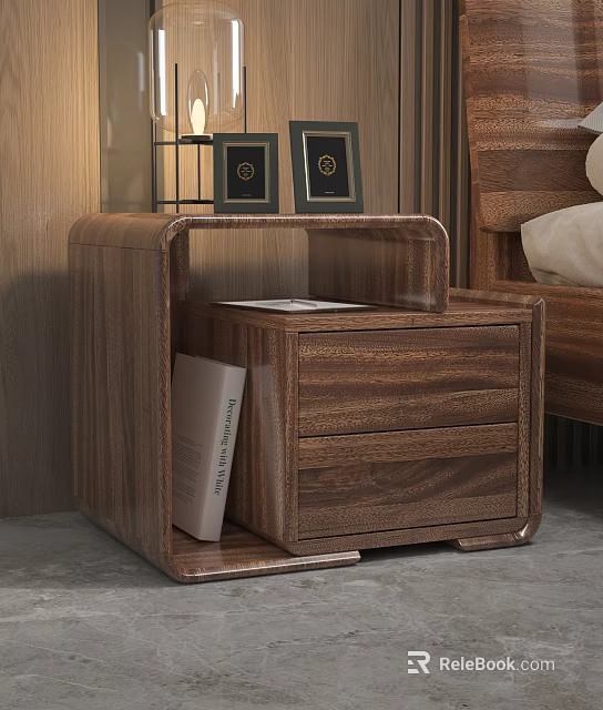Wooden Bedroom Bedside Table with Drawers Open Shelf and Photo Frames 3d model 