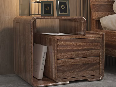 Wooden Bedroom Bedside Table with Drawers Open Shelf and Photo Frames 3d model