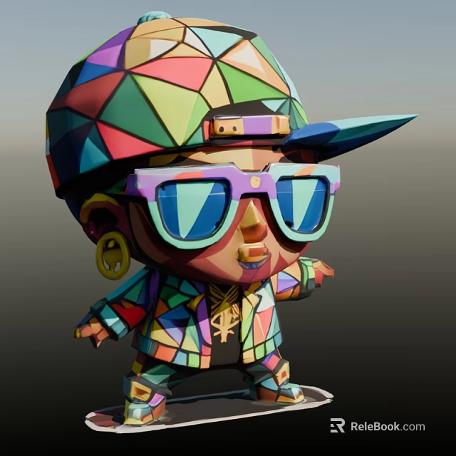 Colorful Geometric Styled Man Wearing Stylish Hat Sunglasses And Patterned Clothes 3d model 