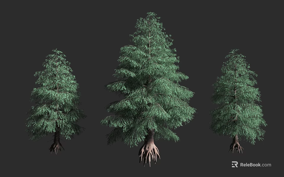 Three Arbor Trees With Detailed Green Foliage And Exposed Roots 3d model 